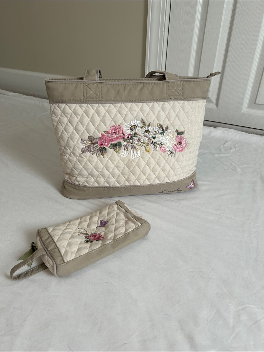 The Bradford Exchange Cream Quilted Tote with Pink Floral Embroidery